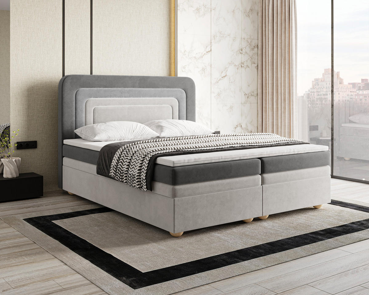 BOXBETT - Bett 10 NEST - Riviera - 140x200 cm - Modernes Polsterbett mit Bettkasten - Grau, Holz (140/200cm) - ROYAL24_MARKT