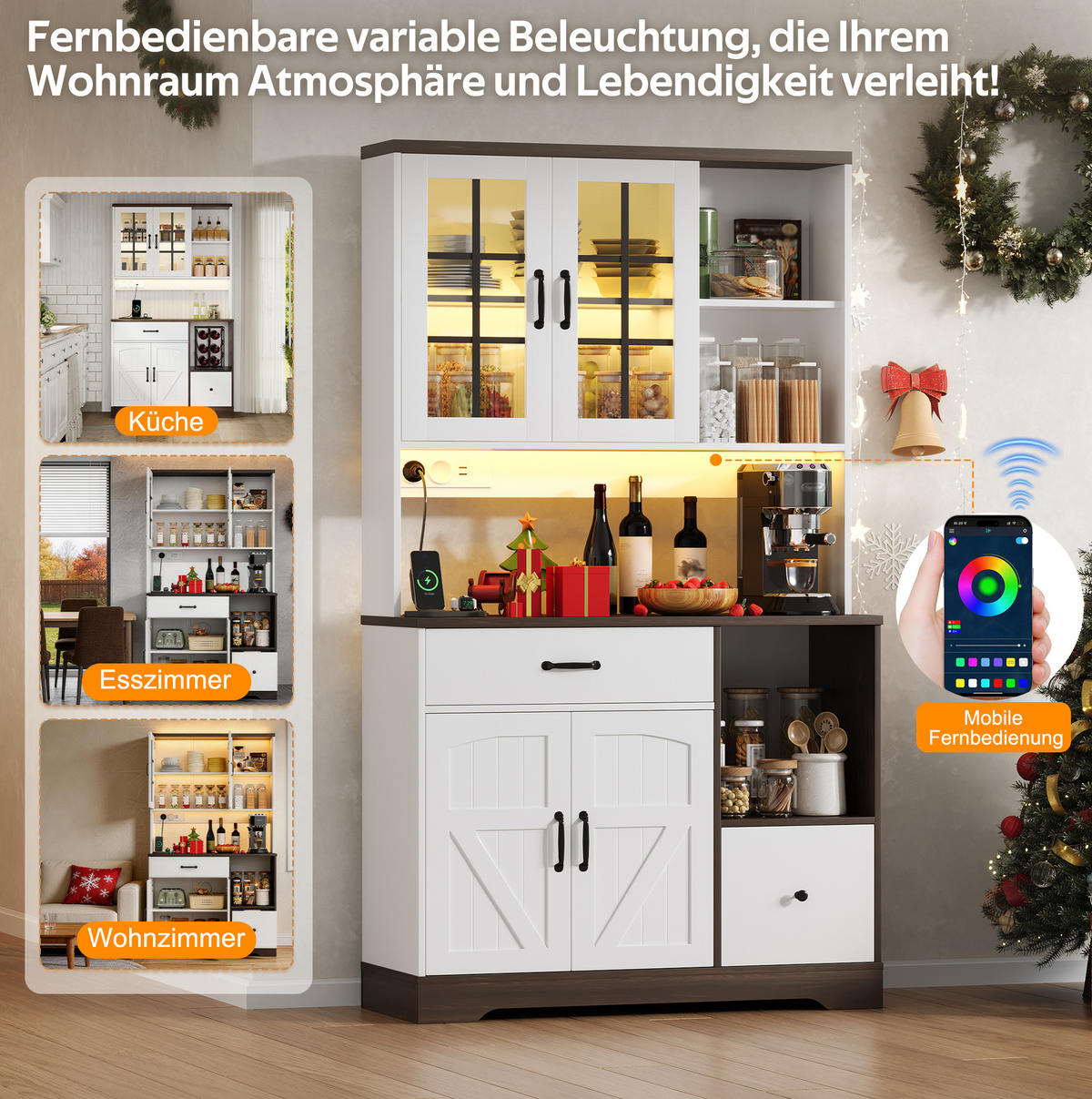 BUFFETSCHRANK 105/40/185 cm mit LED-Beleuchtung, Steckdosen, USB-Anschlüssen und verstellbaren Einlegeböden, Natur/Weiß - Naturfarben, Holzwerkstoff (105/185/40cm) - Redom