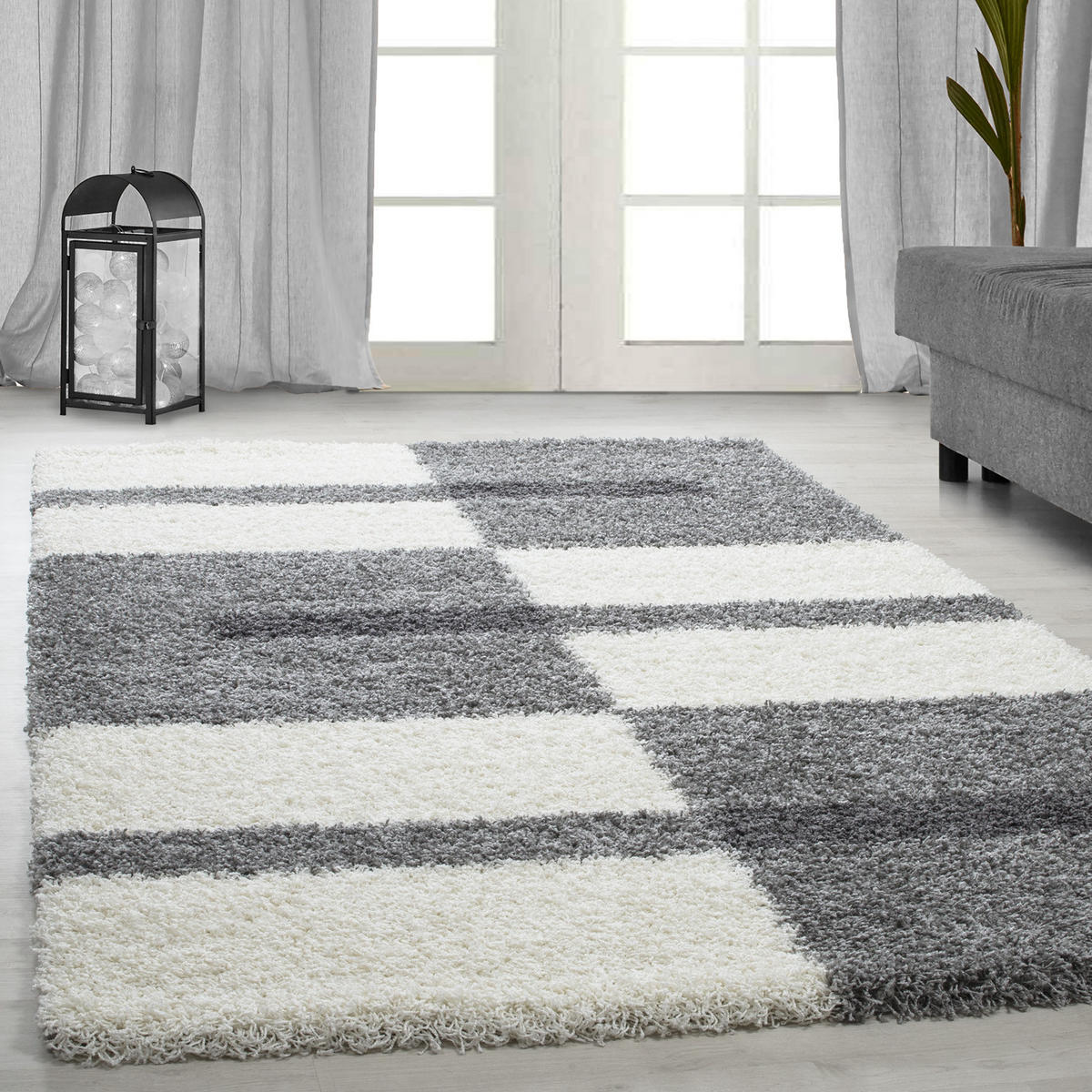 TEPPICH Hochflor Shaggy Karo Design Polypropylen Wohnzimmer Hellgrau Läufer 60x110 - Hellgrau, Textil (60/110cm) - KADIMA DESIGN