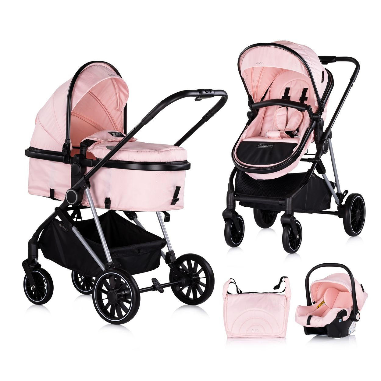 KOMBIKINDERWAGEN Aura 3 in 1 pink Autositz, Babywanne, Wickeltasche, bis 22 kg - Rosa, Metall (98/60/106cm) - Chipolino
