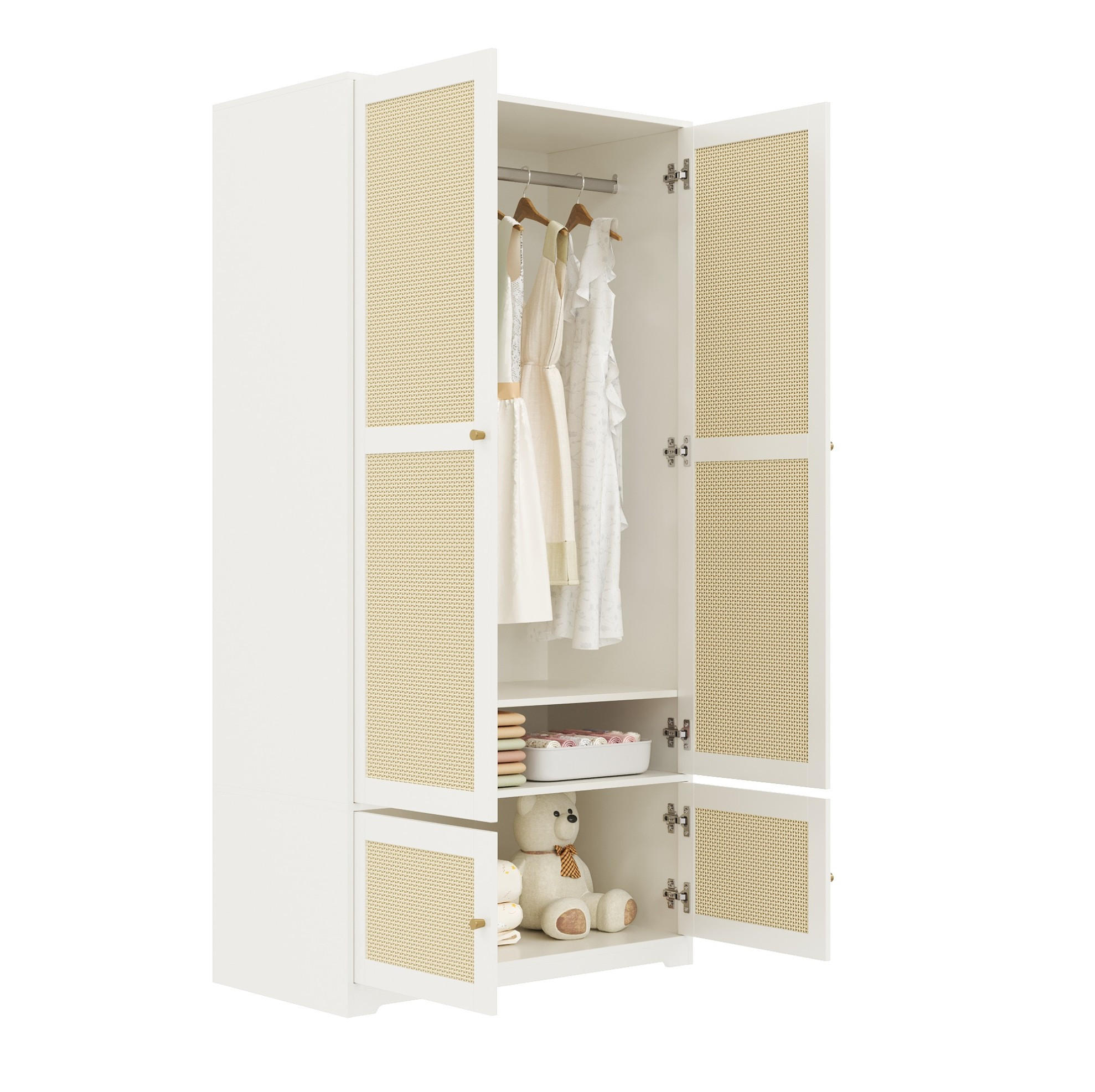 ŠATNÍK 48/90/180 cm biely z MDF s ratanovými dverami tyčou na šaty a policami - biela, kompozitné drevo (90/180/48cm) - OKWISH