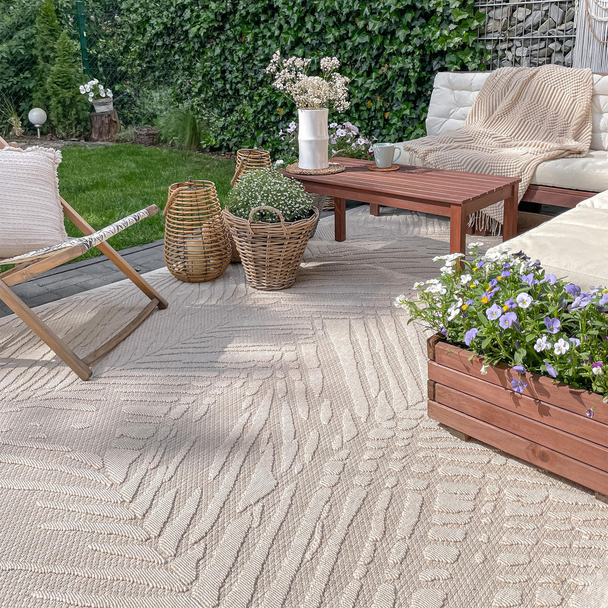 TEPPICH Beige In-Outdoor - Kurzflor Rechteckig, Motiv Pflanzen, Blätter, Blumen - 140 x 200 cm - Ecru/Creme, Textil (140/200cm) - Mazovia