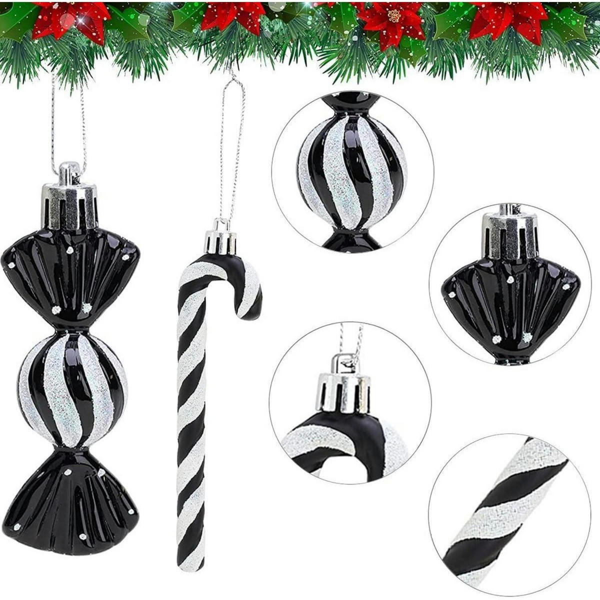 WEIHNACHTSBAUMSCHMUCK 18-teiliges Set Zuckerstangen & Kugeln Schwarz-Weiß - Schwarz, Kunststoff (5/1/14cm)