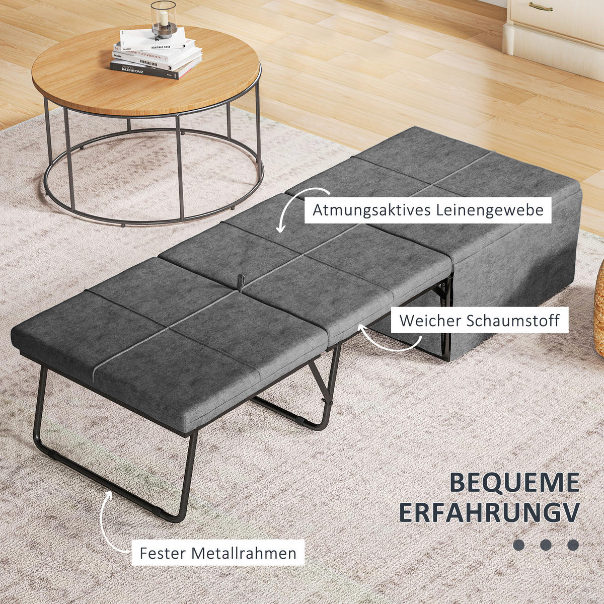 KLAPPBETT ca. 190x60 cm Gästebett mit 8cm Schaumstoff Matratze, faltbar Grau - Grau, Textil/Metall - HOMCOM