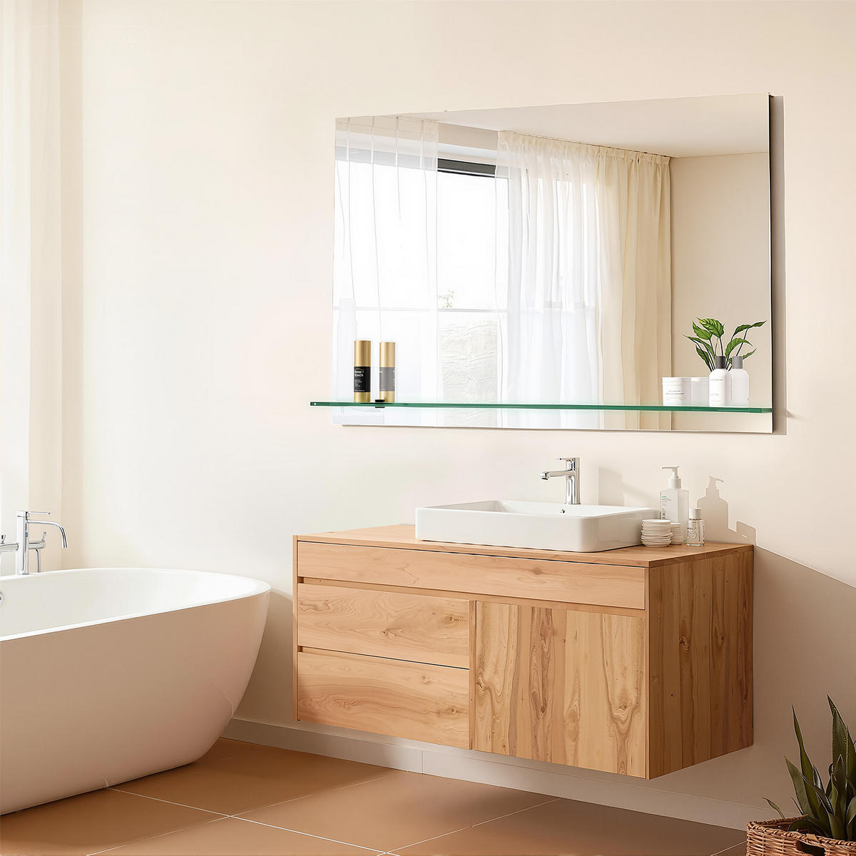 BADEZIMMERSPIEGEL 60/80 cm rechteckig mit Glasablage rahmenlos - Transparent, Glas (80/60/1cm) - S'AFIELINA