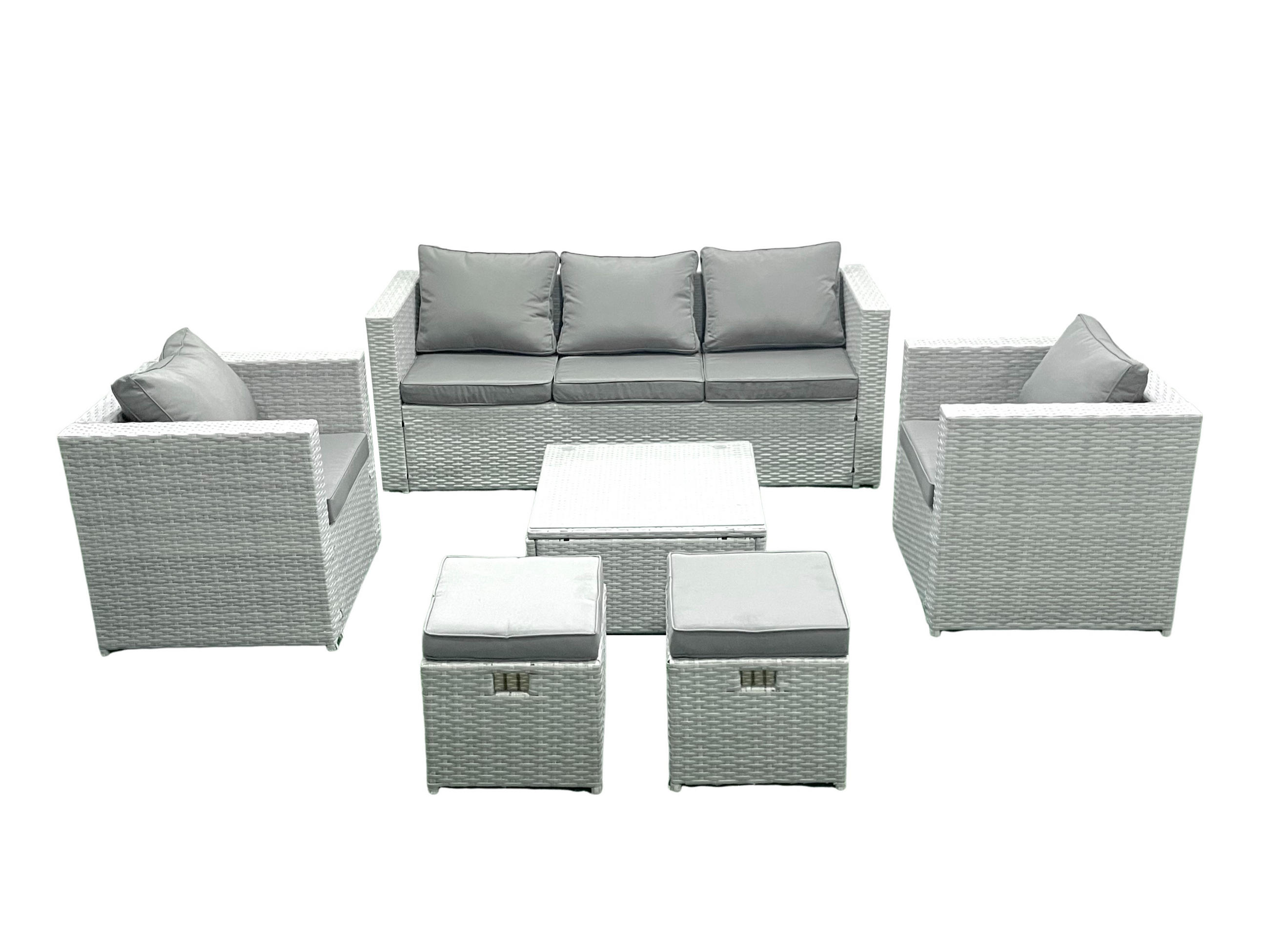 GARTENMÖBEL-SET mit Kissen Polyrattan Hellgrau-Mix 7-Sitzer - Hellgrau/Grau, Glas/Kunststoff - Fimous
