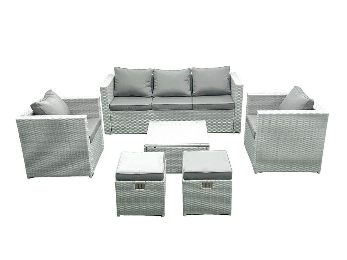 GARTENMÖBEL-SET mit Kissen Polyrattan Hellgrau-Mix 7-Sitzer - Hellgrau/Grau, Glas/Kunststoff - Fimous