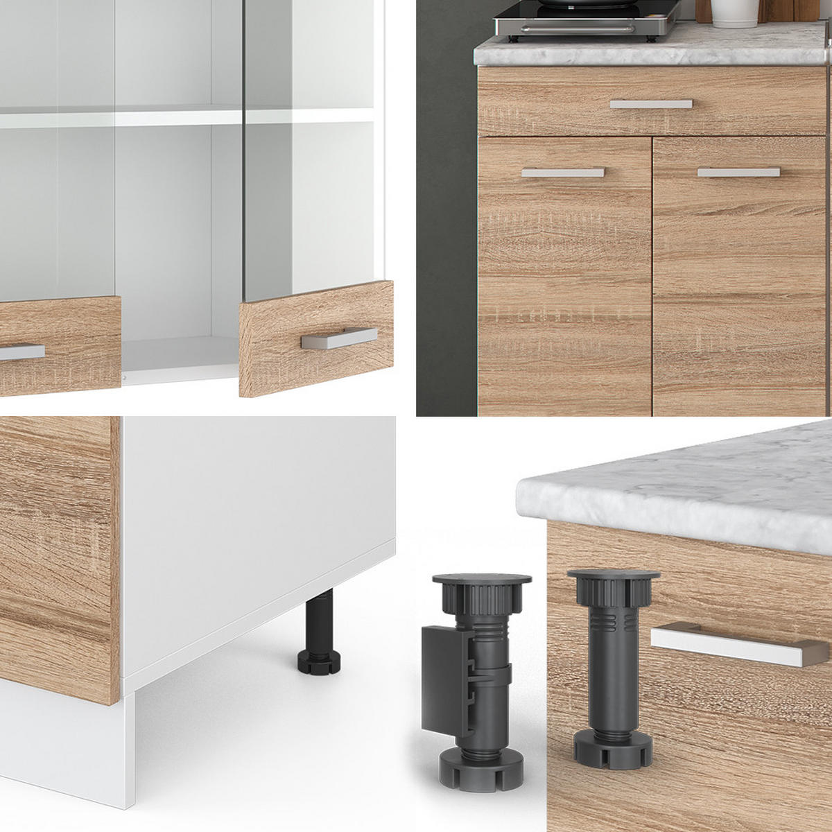 SINGLEKÜCHE R-Line Sonoma 140 cm, AP Marmor - Weiß/Sonoma Eiche, Holzwerkstoff (140/81.6/60cm) - Vicco
