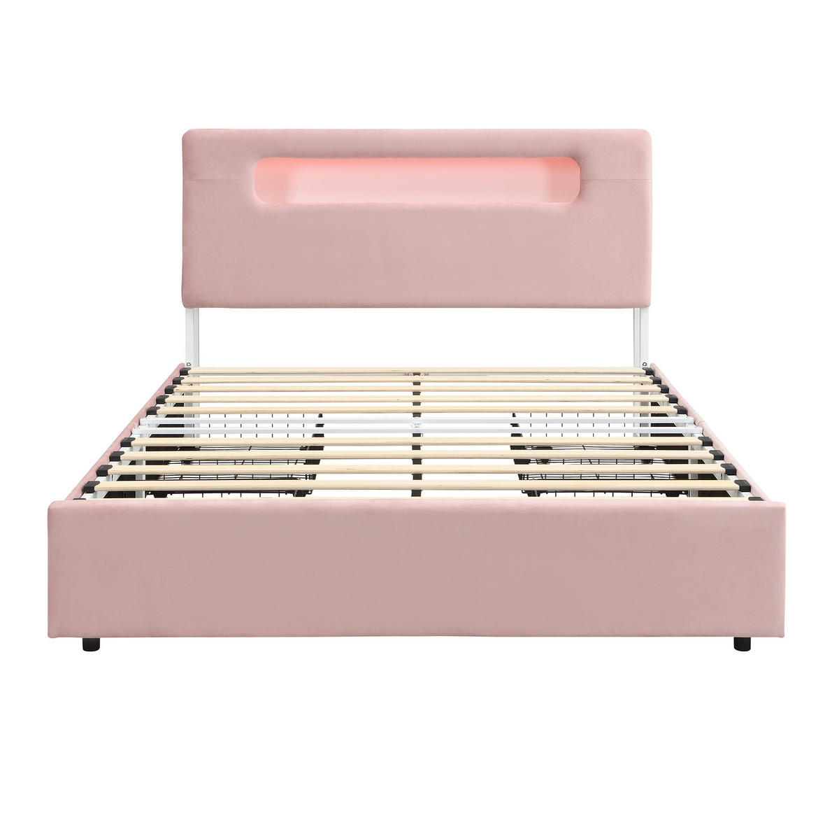KINDER-POLSTERBETT Samt 140x200 cm Rosa mit 4 Schubladen, LED-Beleuchtung und offenem Kopfteil - Pink, Textil (140/200cm) - Modfu