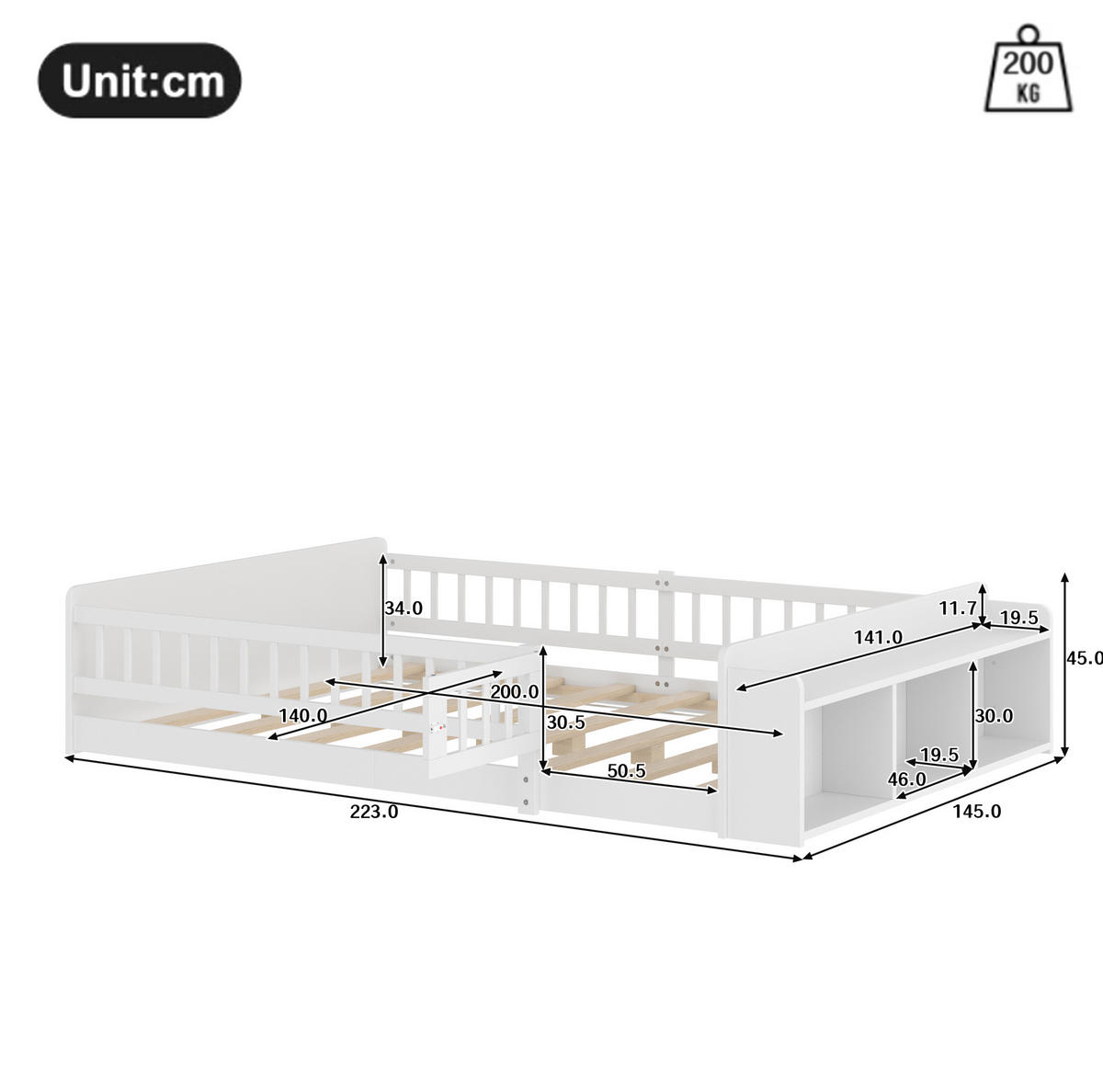 KINDERBETT 140/200 cm, Weiß mit offenem Stauraum - Weiß, Holz (140/200cm) - MIVRAY