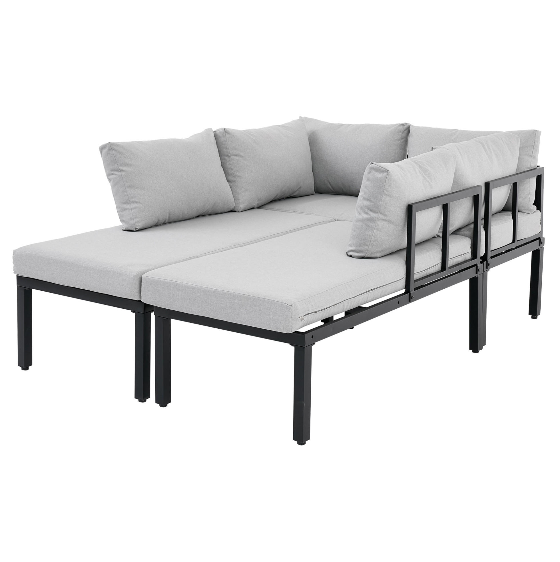GARTENGARNITUR aus Polyester 6-Sitzer Grau mit modularem Sofa, abnehmbaren Rückenlehnen und Couchtisch - Grau, Metall - Modfu