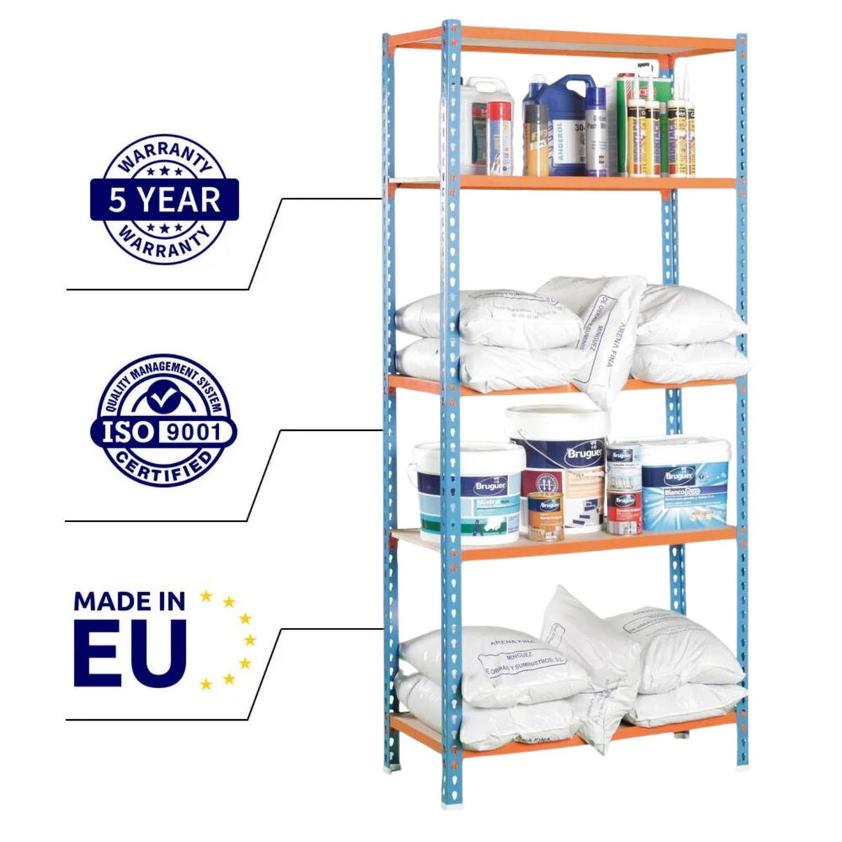 SCHWERLASTREGAL Muli HxBxT 180 x 90 x 30 cm 5 Fachböden Fachlast 150 kg Blau-Orange - Gelb, Metall (90/180/30cm) - PROREGAL