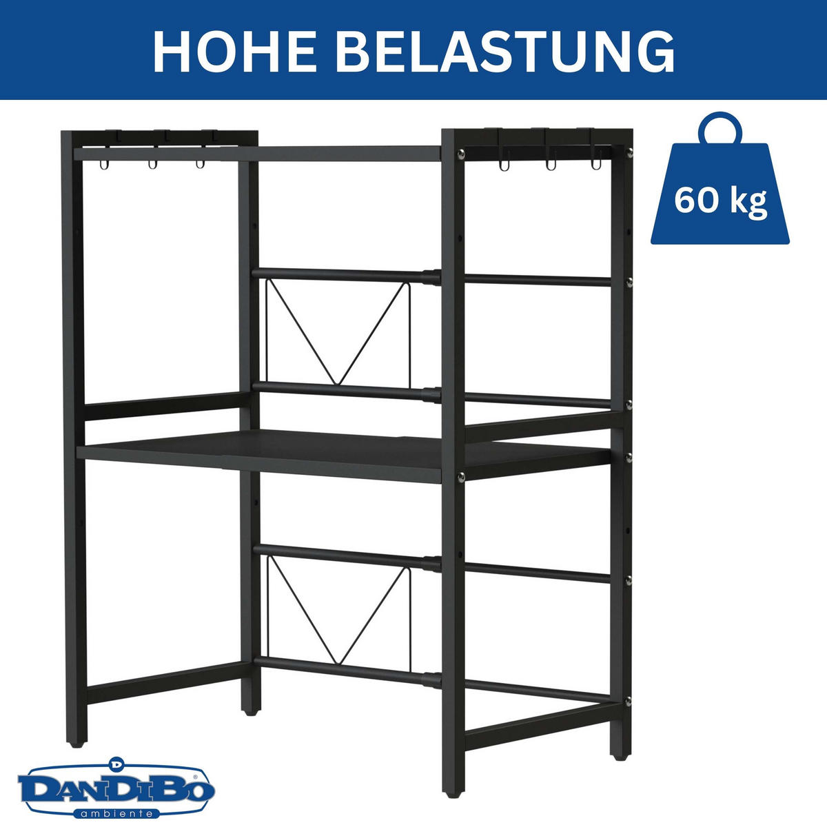 MIRKOWELLENREGAL 3 Stufig Verstellbar 40 - 64 cm Metall - Schwarz, Metall (64/78/36cm) - DanDiBo