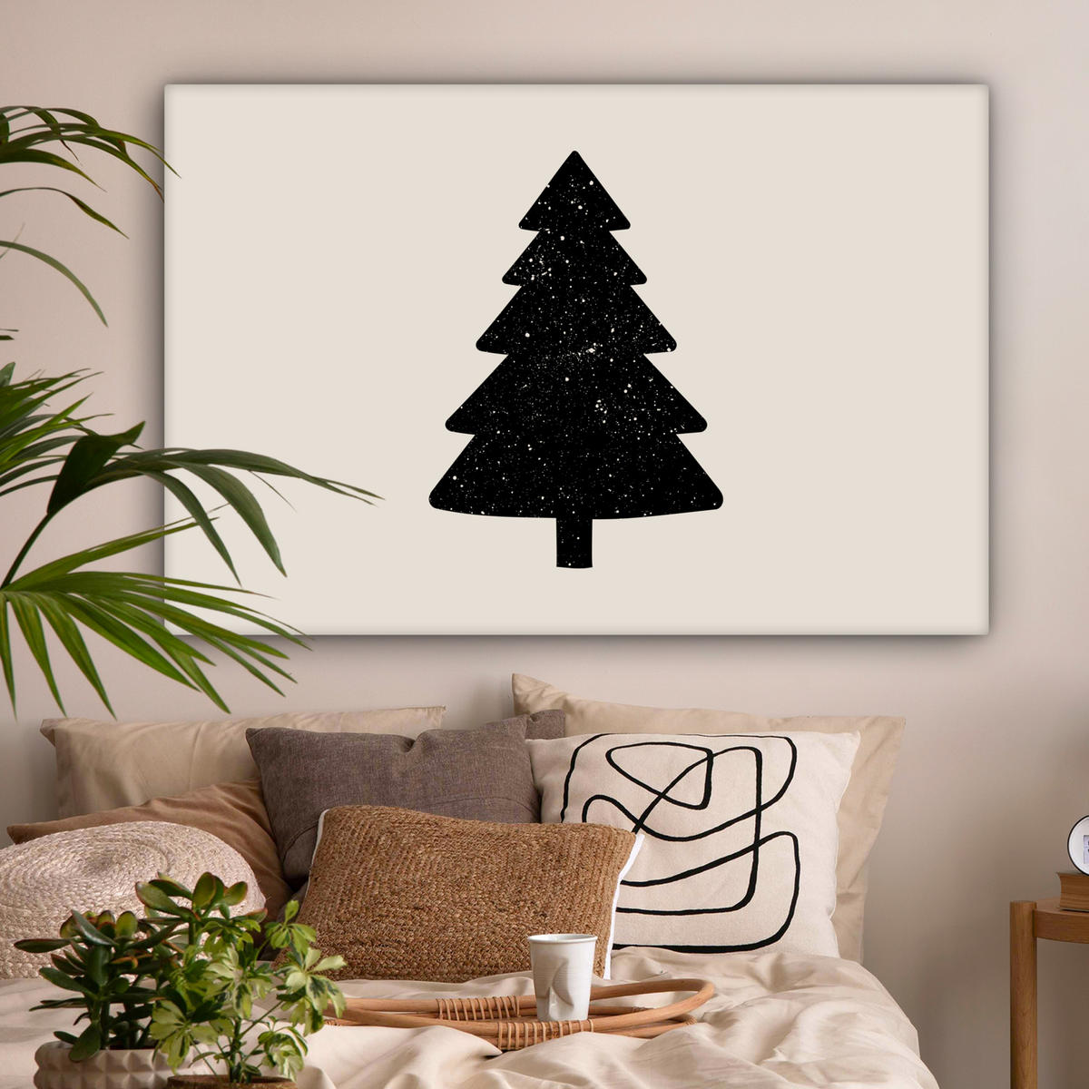 LEINWANDBILD Weihnachtsbaum - Schwarz - Urlaub - Beige Groß 140x90 cm - Schwarz, Textil (140/90cm) - MuchoWow