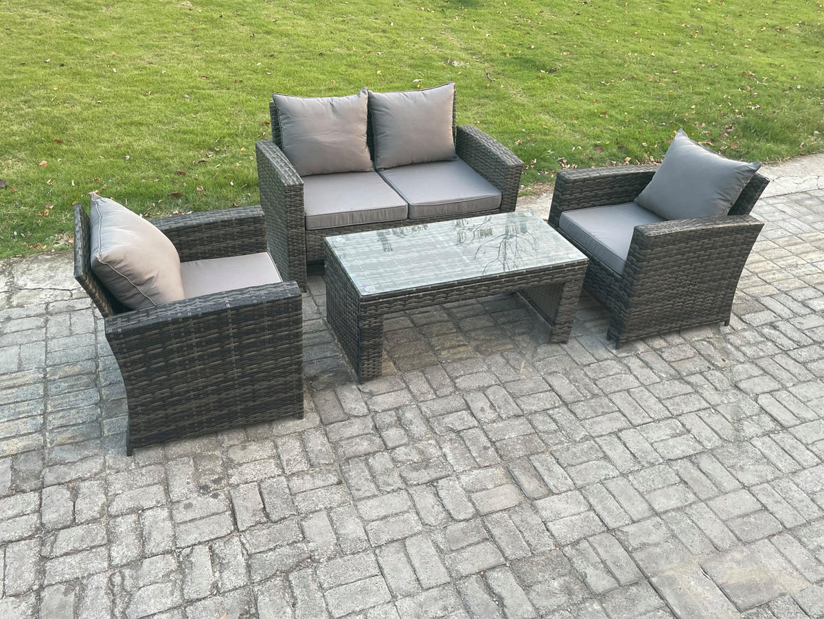 GARTENMÖBEL-SET SOFA MIT COUCHTISCH Polyrattan Dunkelgrau Gemischt 4-Sitzer - Dunkelgrau, Metall - Fimous