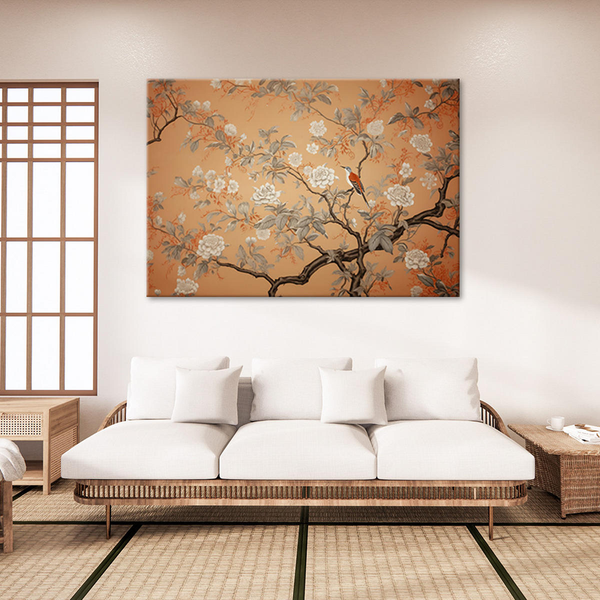 WANDBILD vogel baum chinoiserie - Orange, Textil (60/40cm) - Feeby