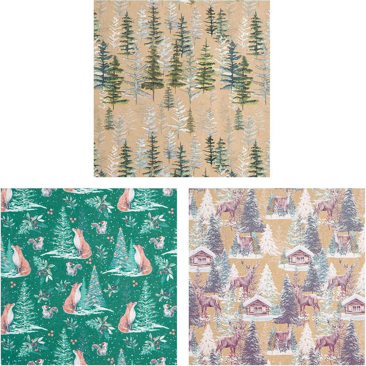GESCHENKPAPIER 3er Set Kraftpapier Weihnachten Fuchs Rentier Baum 43,2 cm x 3 m - Multicolor, Papier (4/44/10cm)