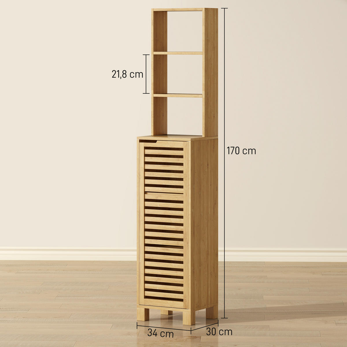 BADEZIMMERSCHRANK schmal, Hochschrank Toilettenschrank mit 3 offenen Regalen - Naturfarben, Naturmaterialien/Bambusholz (30/170/34cm) - HOMCOM