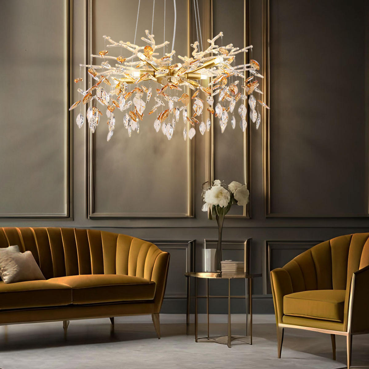 HÄNGELEUCHTE Glas Kristalle amber/goldfarben Ø61x120 cm - Goldfarben, Glas/Metall (61/61/120cm) - Globo Lighting