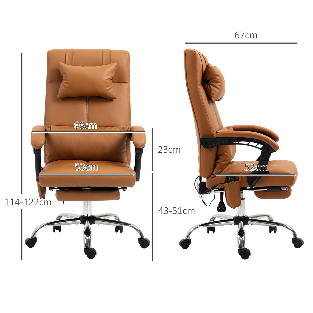 BÜROSTUHL mit Massagefunktion, Ergonomisch Schreibtischstuhl mit Liegefunktion - Braun, Leder (67/123/66cm) - Vinsetto