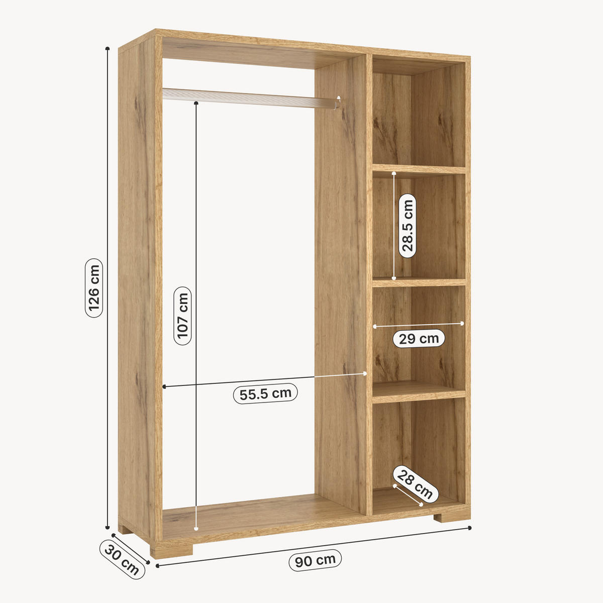 KLEIDERSCHRANK Nesbyen - Eichefarben, Holzwerkstoff/Kunststoff (90/126/30cm) - [en.casa]