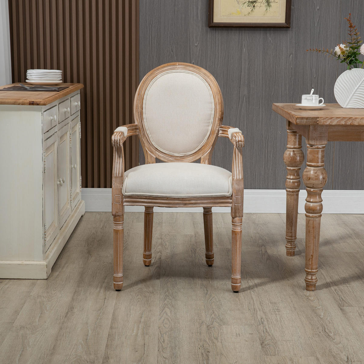KÜCHENSTUHL Esszimmerstuhl mit Leinenoptik, Armlehnstuhl mit Rückenlehne Creme - Creme, Holz (56/96/56cm) - HOMCOM