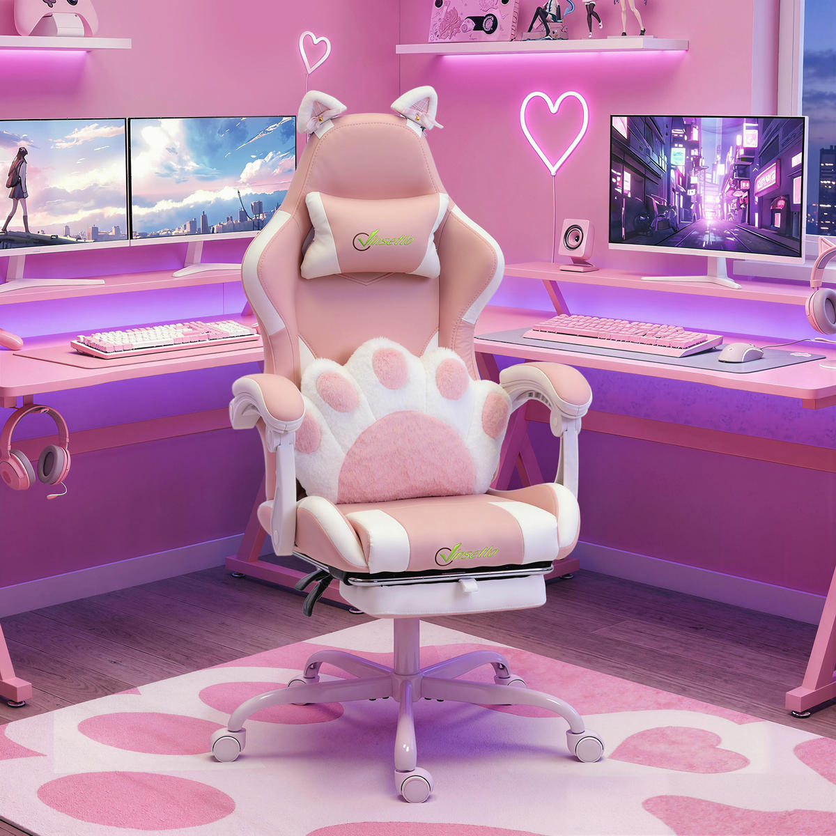 GAMING-STUHL Kunstleder Rosa - Rosa/Weiß, Kunststoff/Textil (53/128/63.5cm) - Vinsetto