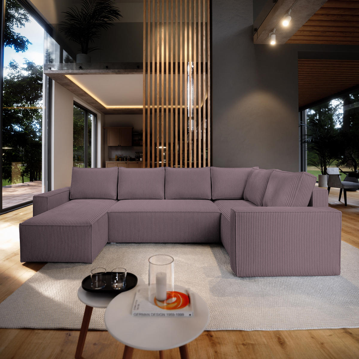 ROHOVÁ SEDAČKA NORENA fialová - šedá/fialová, dřevo/textil (295/157.5cm) - MASSENO