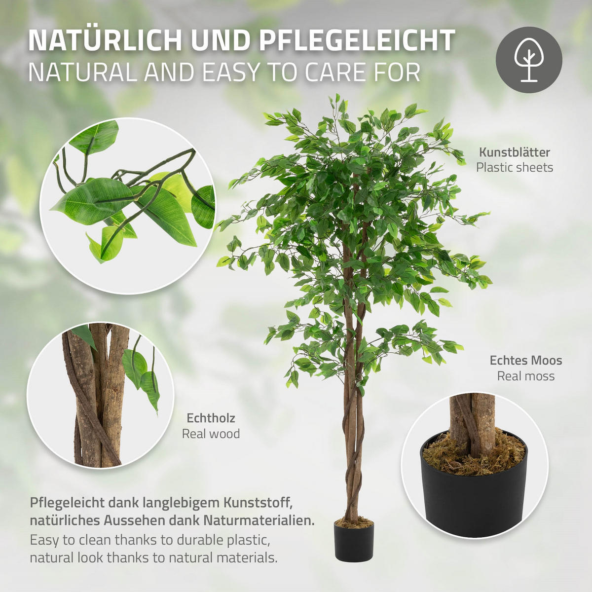 KUNSTPFLANZE Ficus 150 cm mit Naturholzstamm für Innen/Außen - Schwarz/Grün, Kunststoff/Textil (150cm) - ML-DESIGN
