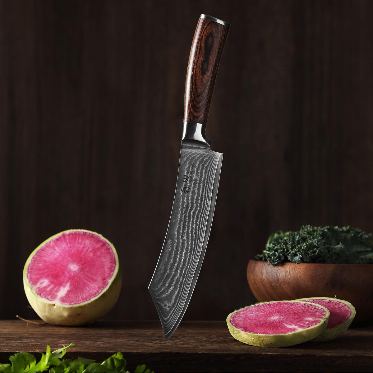 DAMAST BBQ- & Blockmesser I EDIB - Braun, Holz/Metall (30cm) - Wakoli