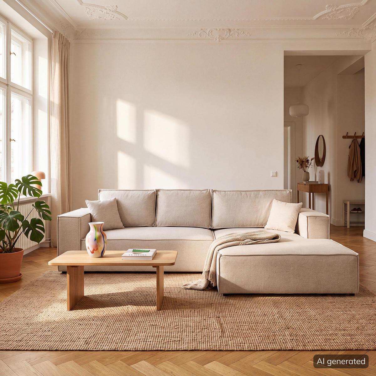 ECKSOFA mit Schlaffunktion - Longchair - Beige/Schwarz, Kunststoff/Textil (294/185cm) - home24