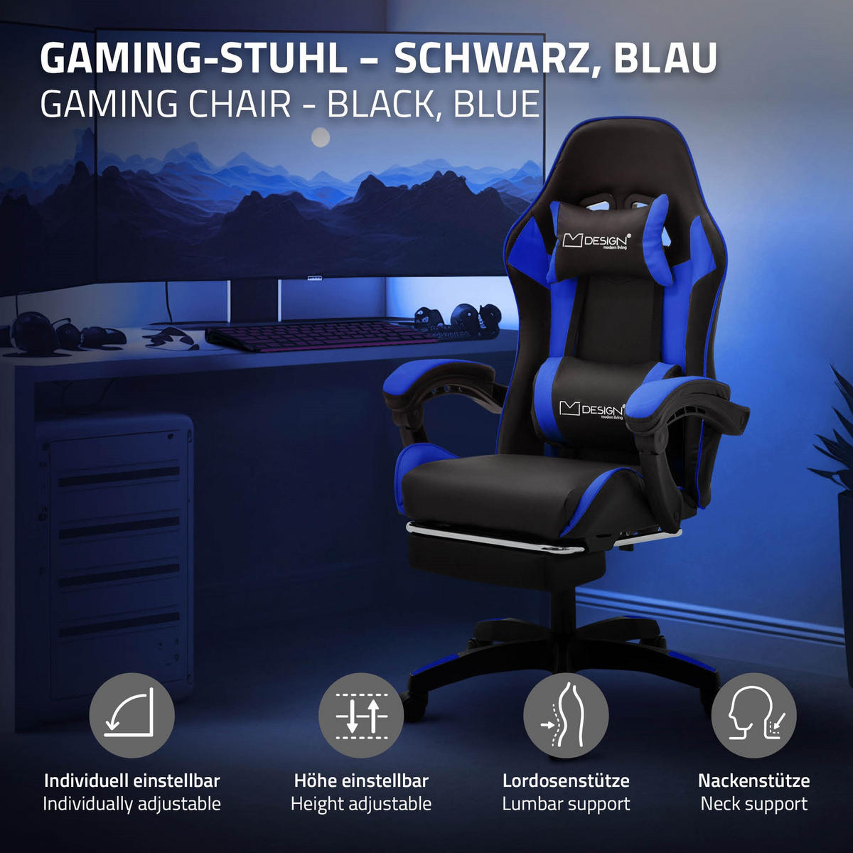 GAMING STUHL Schwarz-Blau aus Kunstleder - Blau/Schwarz, Kunststoff/Metall (62/119/62cm) - ML-DESIGN