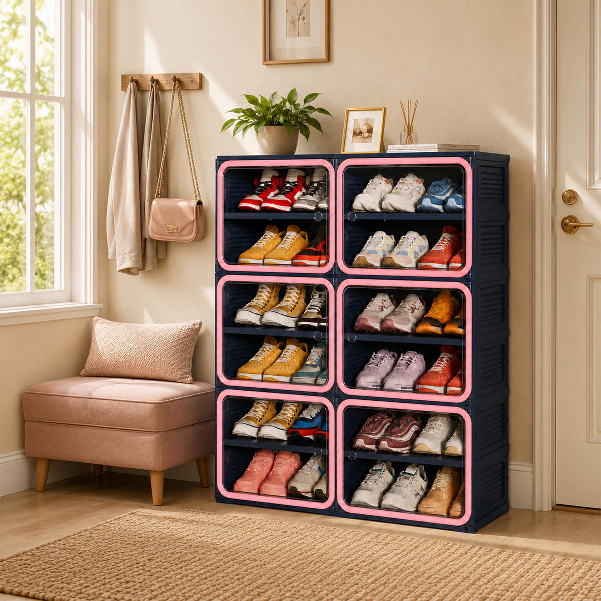 SCHUHSCHRANK, Doppelfach mit 6 Ebenen, faltbar, montagefrei, aus Kunststoff, Flurmöbel, Blau-Pink - Pink, Kunststoff (85/104/34cm) - GENKI LIVING