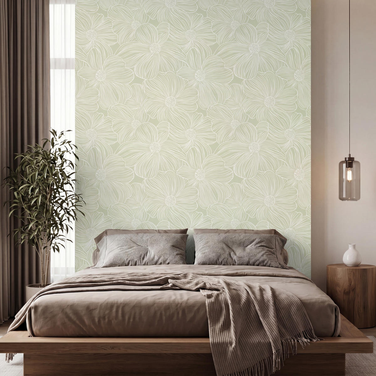 TAPETE - Gelassenheit - Blumen - Grün - 220x300 cm - Salbeigrün, Papier (220/300cm) - OnlyWow