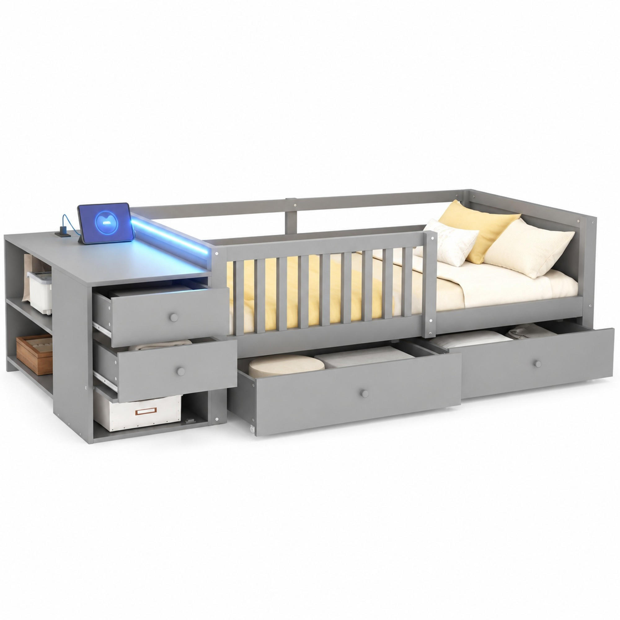KINDERBETT 90/200 mit Schreibtisch,LED und Steckdose in Grau - Grau, Holzwerkstoff (90/200cm) - EVRYAE