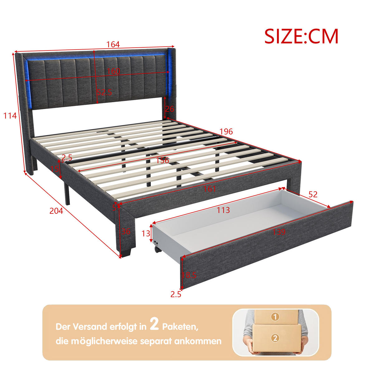 POLSTERBETT 160x200 cm, Grau, mit LED-Beleuchtung & USB-Stecker - Grau, Textil/Metall (160/200cm)
