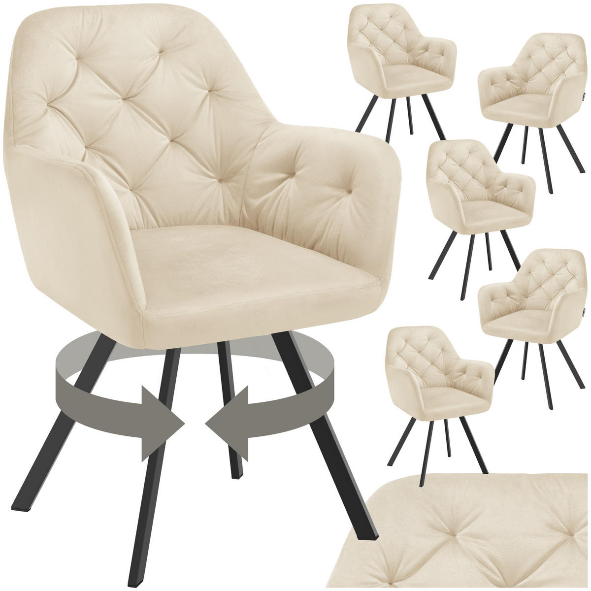 ARMLEHNSTUHL Drehbarer Samt 6er Set Lucia 58 x 58 x 87 cm creme - Creme, Kunststoff (58/87/58cm) - tectake