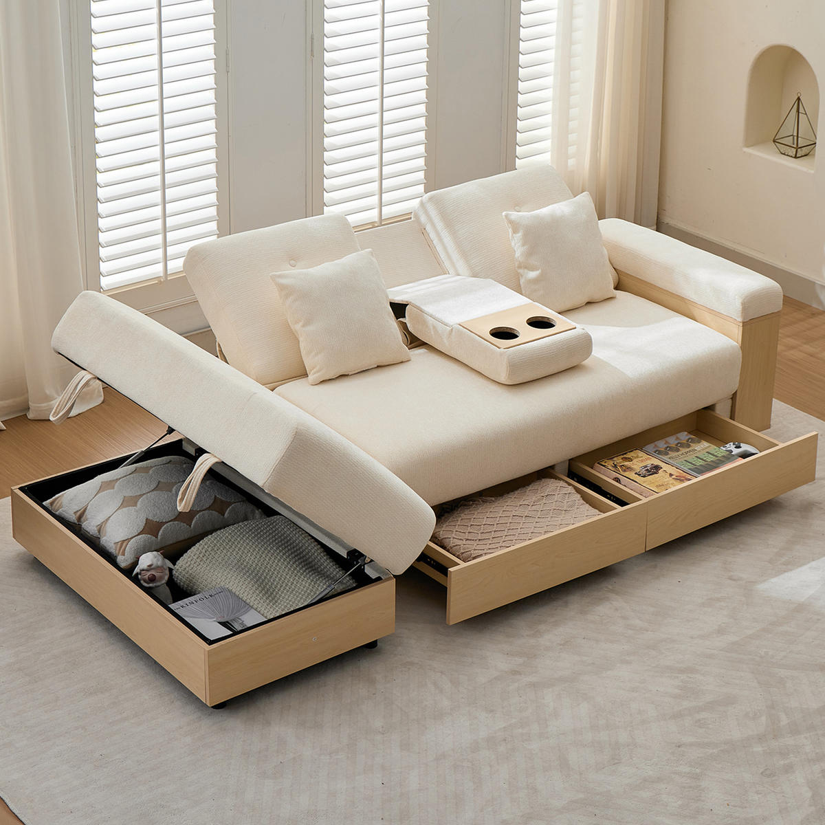 SCHLAFSOFA Beige mit Chenille-Bezug, dreistufig verstellbarer Rückenlehne und vielfältigem Stauraum 217 × 110 × 90 cm - Beige, Textil (217/90/110cm) - Luhomfu