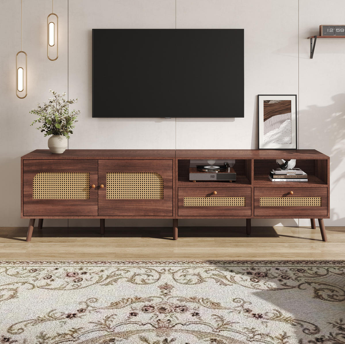 TV-ELEMENT mit 2 Rattantüren und 2 Schubladen 200 cm Braun - Braun, Holzwerkstoff (37/49.5/200cm) - Beauniv