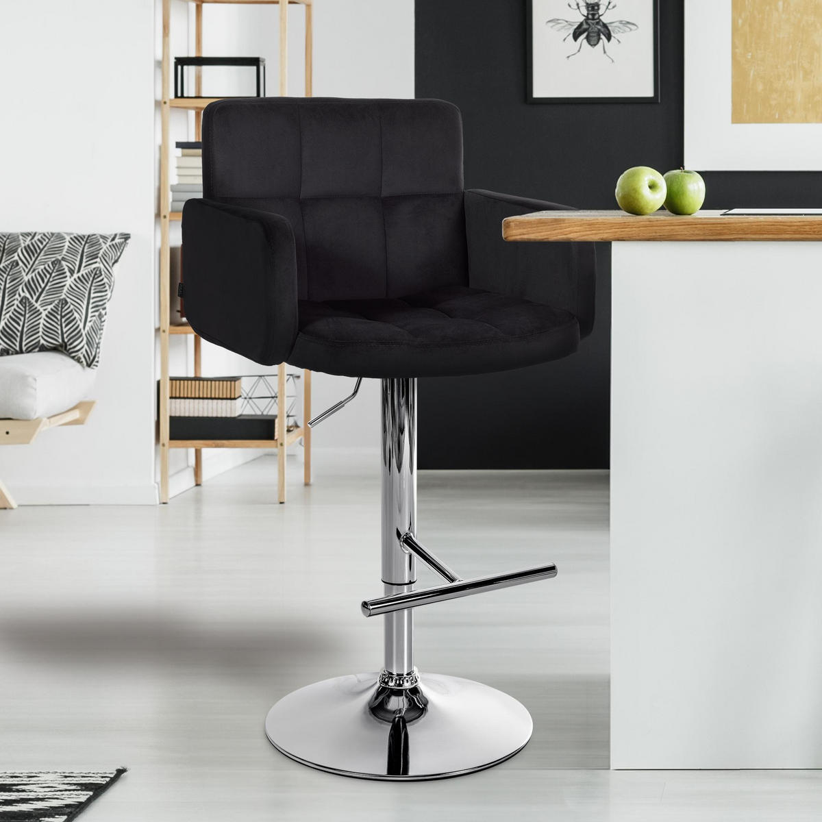 BARHOCKER Samt Schwarz - Chromfarben/Schwarz, Textil/Metall (60/93/56cm) - CLP