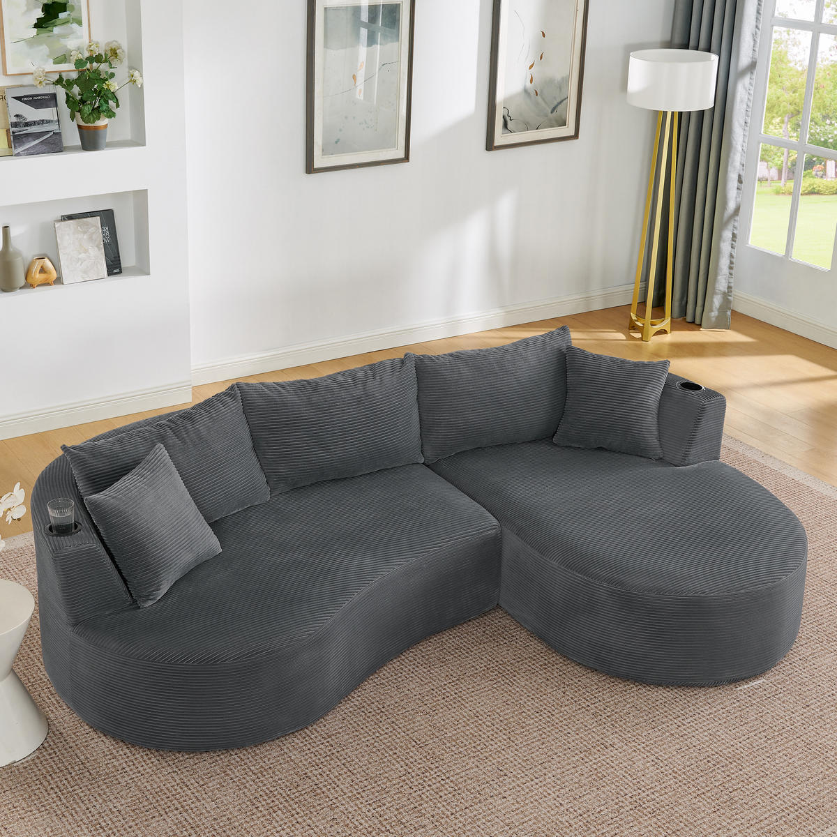 3-SITZER ECKSOFA Cord Grau mit Getränkehaltern und Kissen - Grau, Textil (264/168cm) - WISHDOR