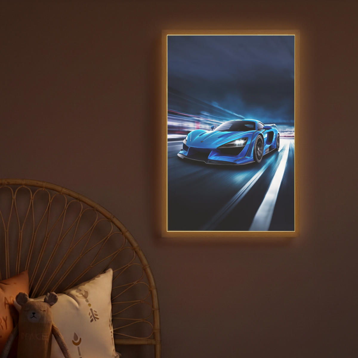 DOBÍJECÍ NOČNÍ LAMPIČKA Auto - Modrá - Chlapci - Dítě 40x60 cm - modrá, kompozitní dřevo (8/40/60cm) - OnlyWow