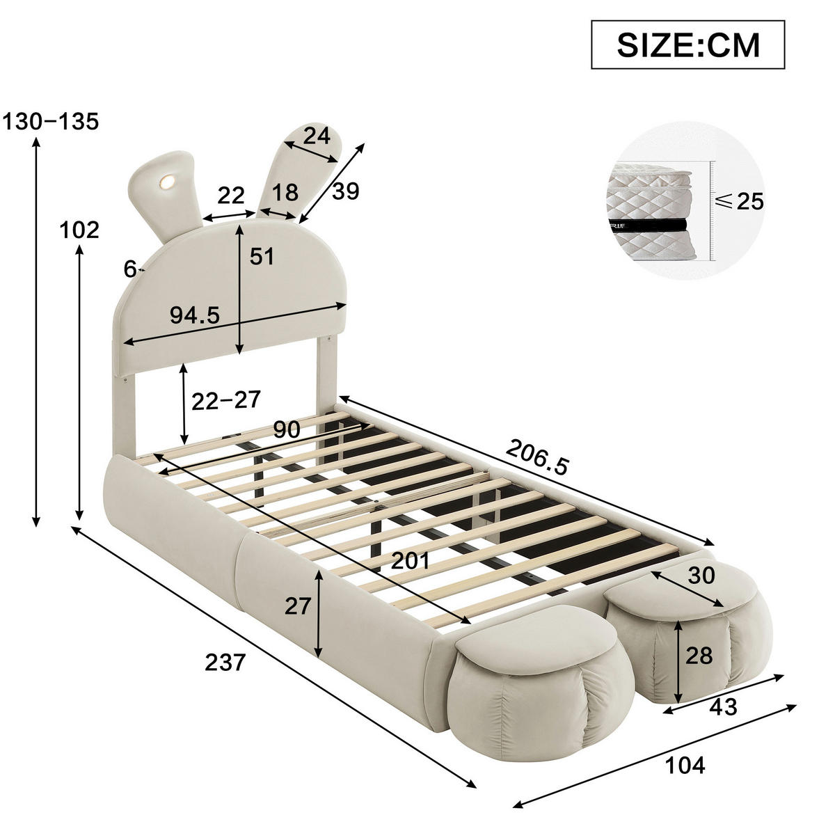 POLSTERBETT 90/200 cm aus Samt mit LED-Hasenohren und 2 Aufbewahrungshockern Beige - Beige, Textil (90/200cm) - Modenvie