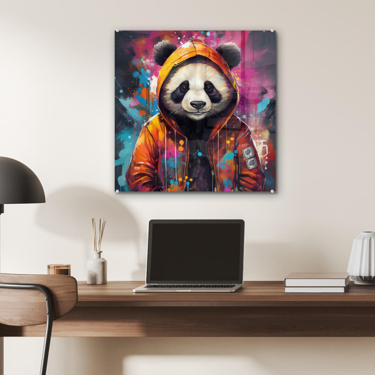ACRYLGLASBILD Panda - Jacke - Graffiti - Orange 50x50 cm - Orange, Glas (50/50cm) - MuchoWow