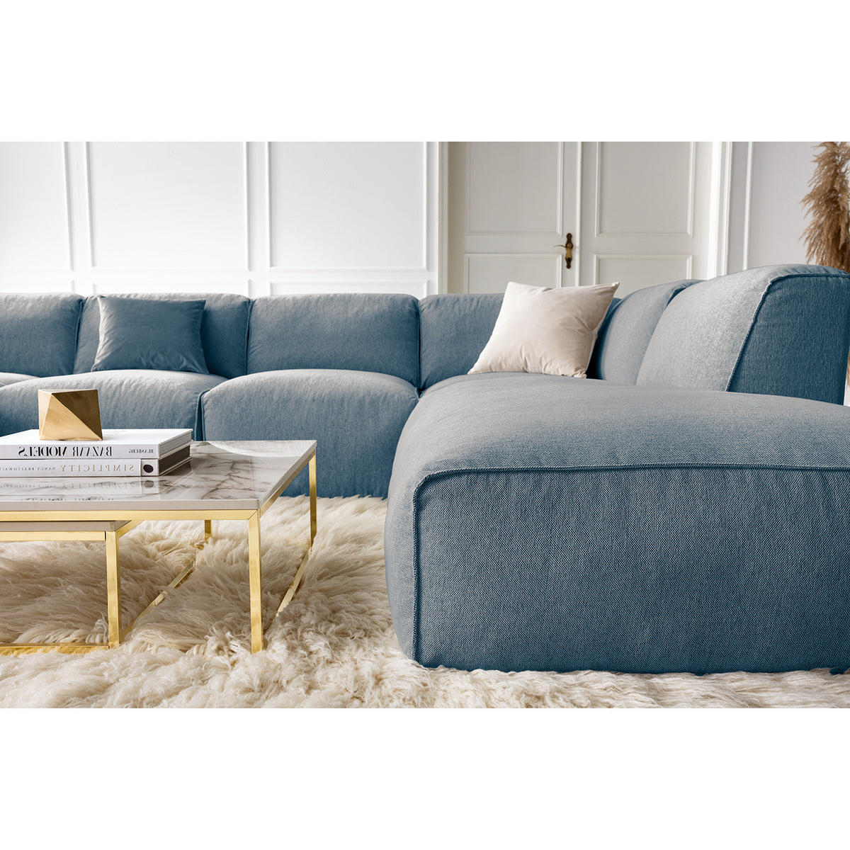 WOHNLANDSCHAFT mit Longchair - Blau/Schwarz, Kunststoff/Textil (325/71/235cm) - home24