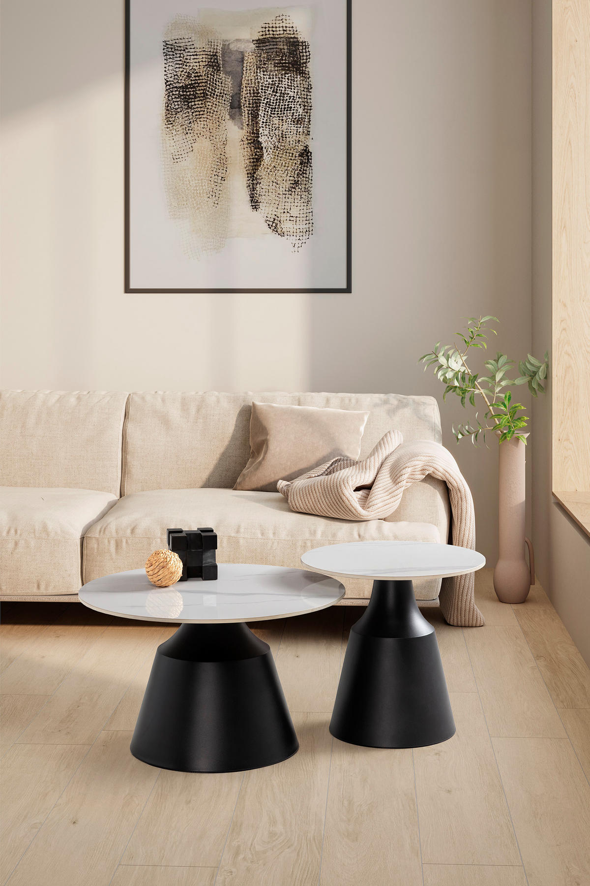 COUCHTISCHEN (Set aus 2) in hochglanz-weiß - riley 70/70/42,5 cm - Schwarz, Stein (70/70/42.5cm) - Calicosy