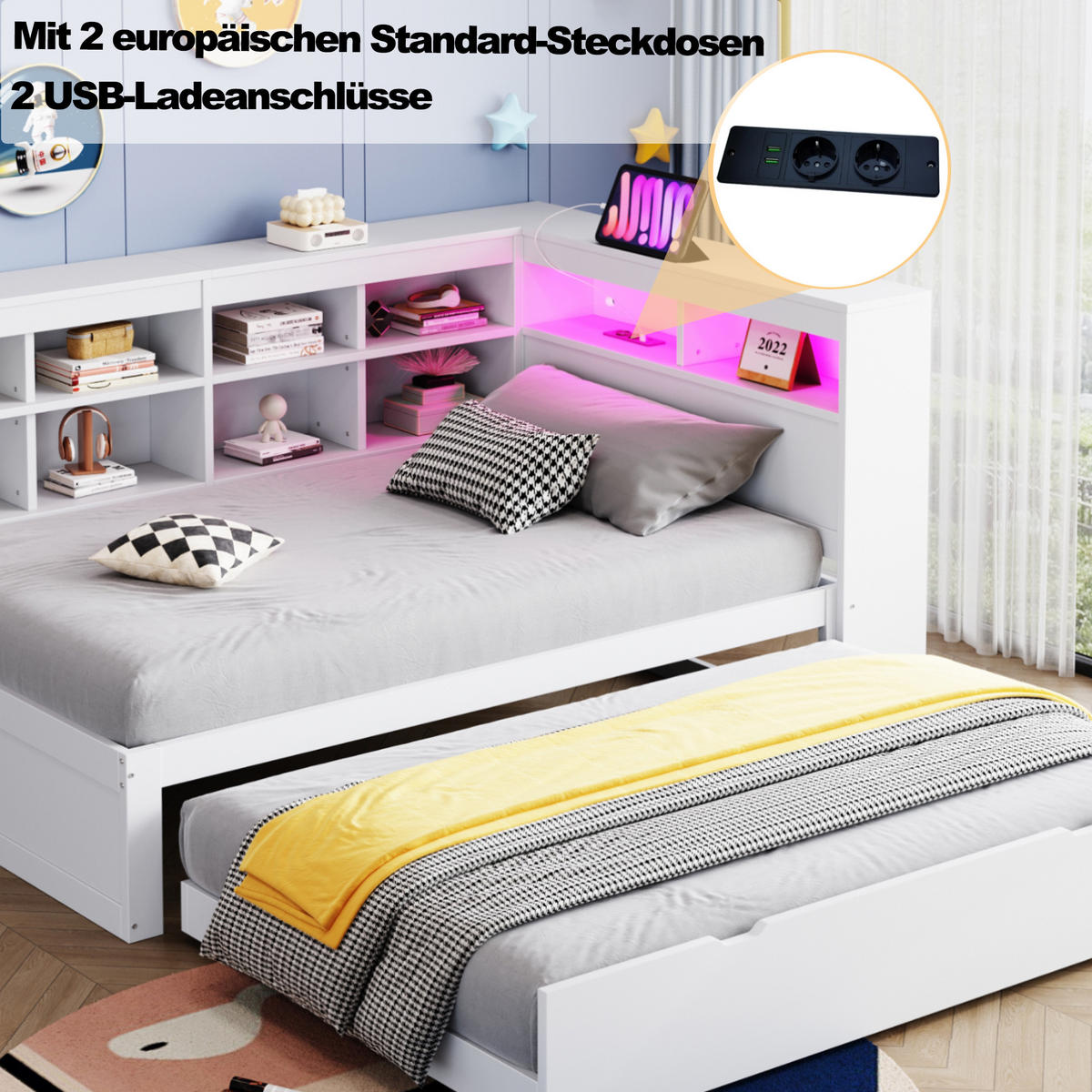 POLSTERBETT 90x200 cm LED USB weiß - Weiß, Holz (90/200cm) - Fortuna Lai