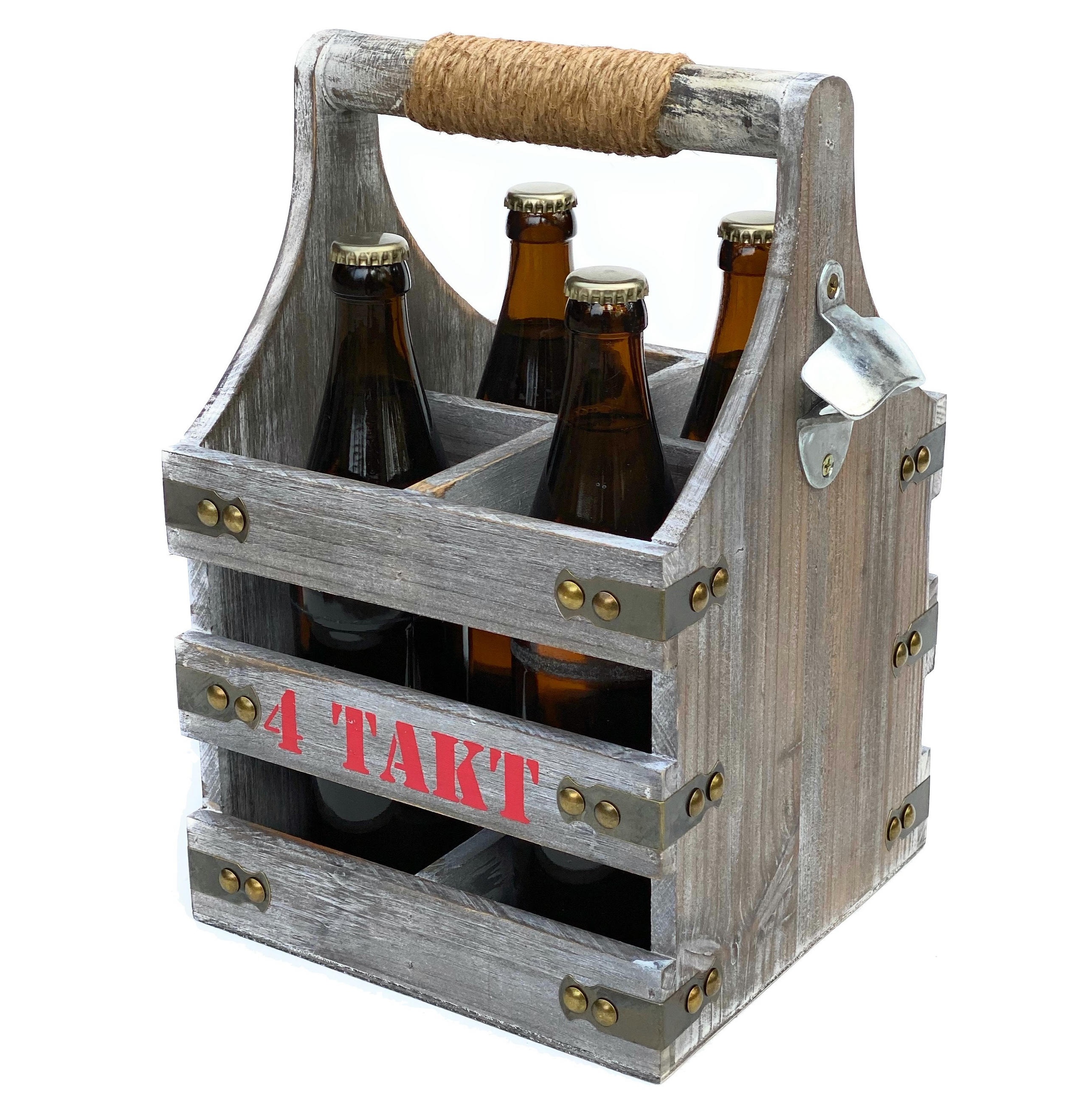 BIERTRÄGER aus Holz mit Flaschenöffner 4 Takt 96034 - Grau, Holz (21/32/21cm) - DanDiBo