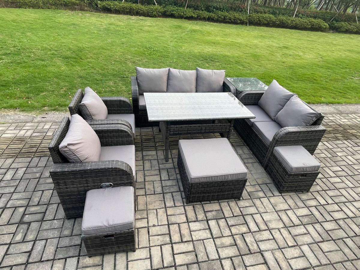 GARTENMÖBELSET mit Esstisch,3-Sitzer Sofa,3 Hockern,Beistelltisch Polyrattan Dunkelgrau 10-Sitzer - Dunkelgrau/Grau, Glas/Kunststoff - Fimous