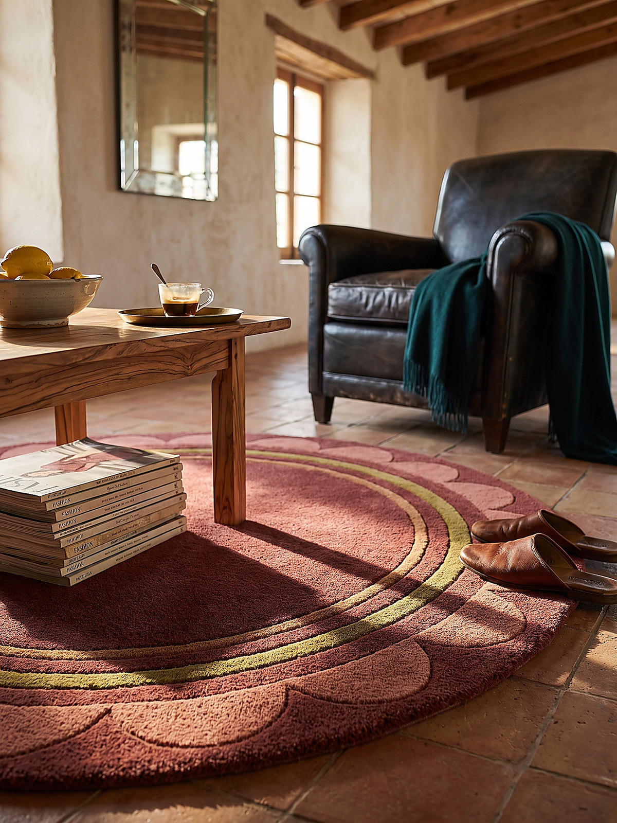 WOLLTEPPICH handgetuftet WENSUM, Scallop-Bordüre, Beerenrot, Ø 120 cm - Rot, Textil (120/120cm) - KADIMA DESIGN